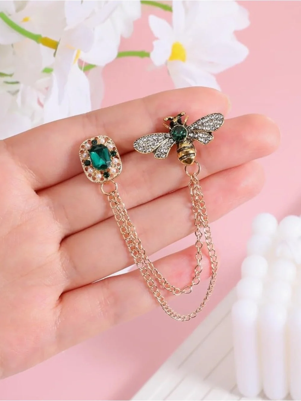 Gold Bee Chain Brooch with Emerald Green